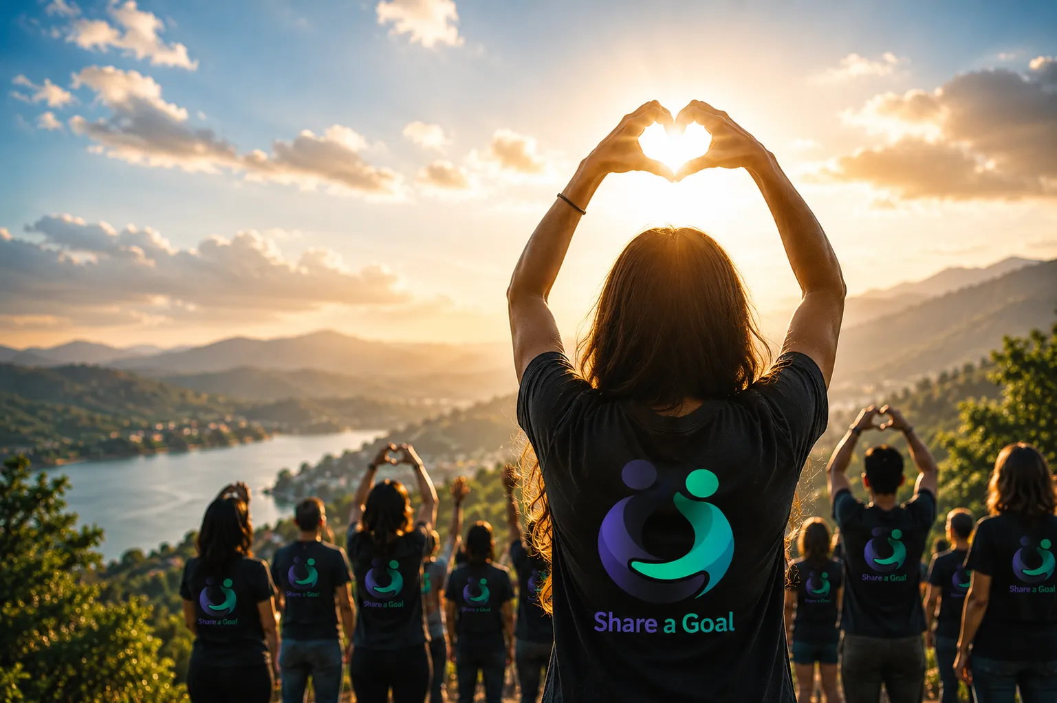 Share a Goal supporters on a hilltop at sunset forming heart shapes with their hands